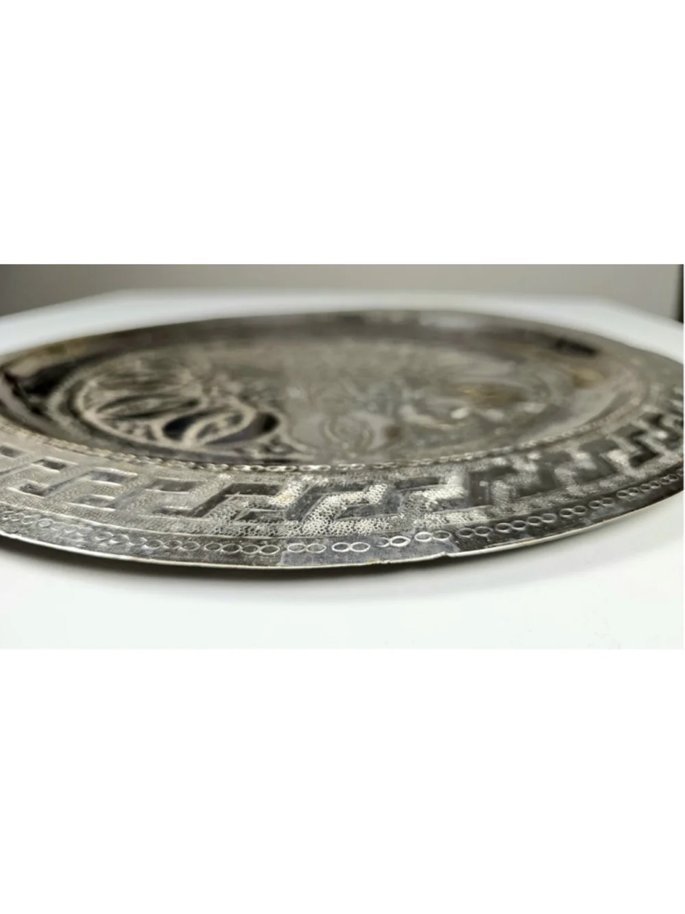 Vintage Moroccan Tea Tray Silver Plated Hand Engraved Geometric 13.5